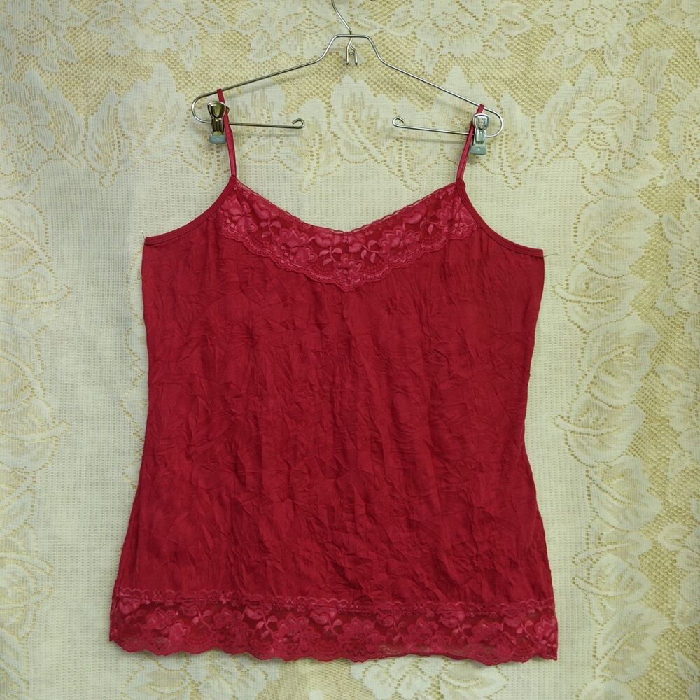 Maurices Womens XXL Pink Lace Trim Y2K Camisole Crinkle Spaghetti Strap Tank Top